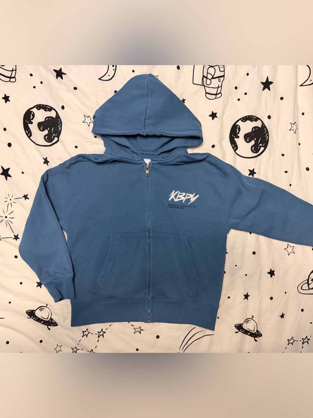 Zara Kids Blue Zip Hoodie with White Script Logo